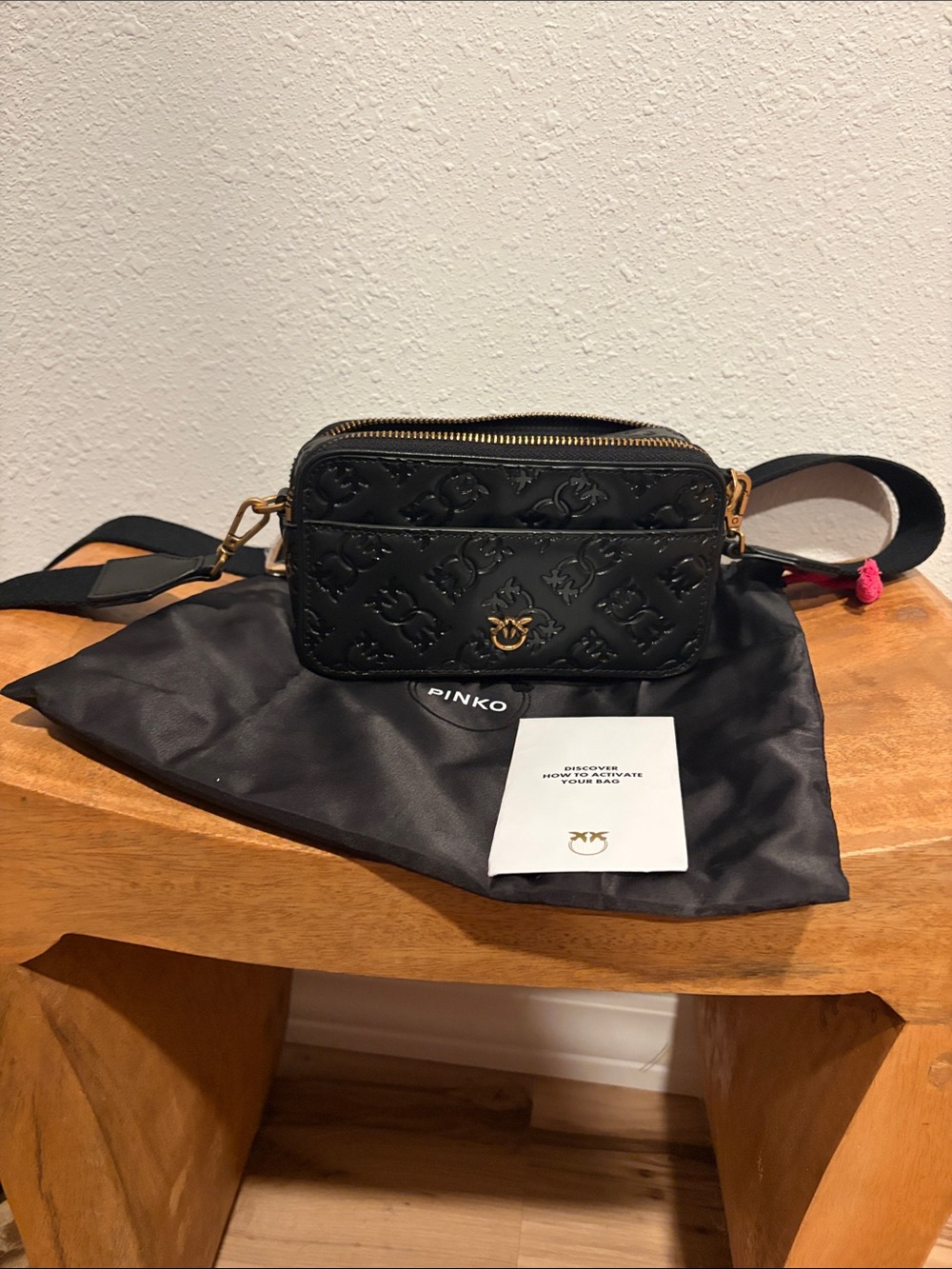Pinko Black Quilted Logo Crossbody Camera Bag with Gold Hardware